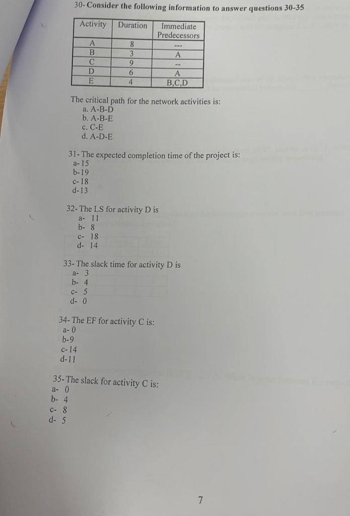 30-Consider the following information to answer