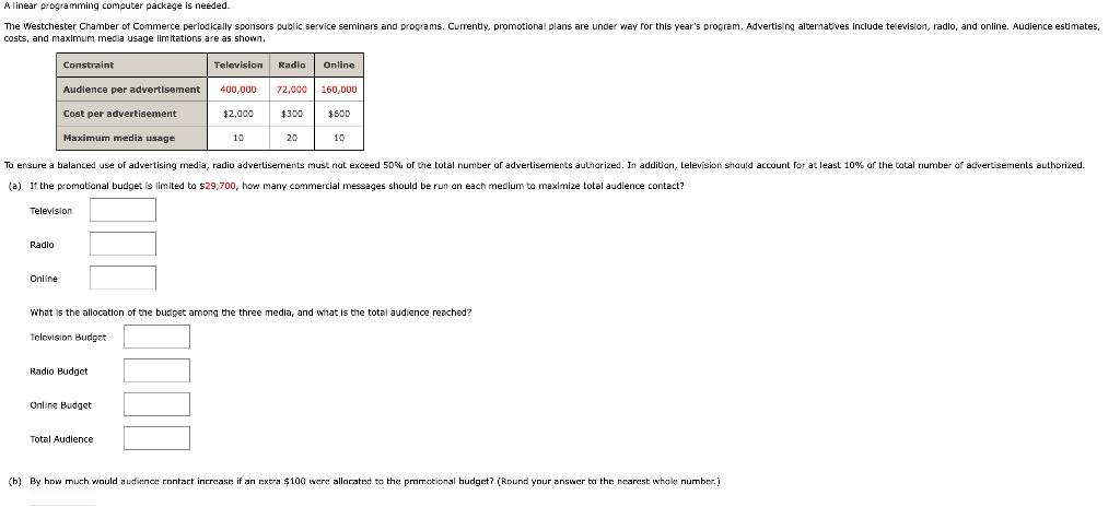Alinear programming computer package is needed.