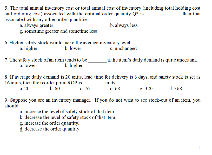 5. The total annual inventory cost or total