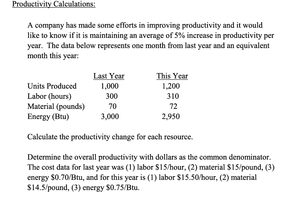 Productivity Calculations: A company has made