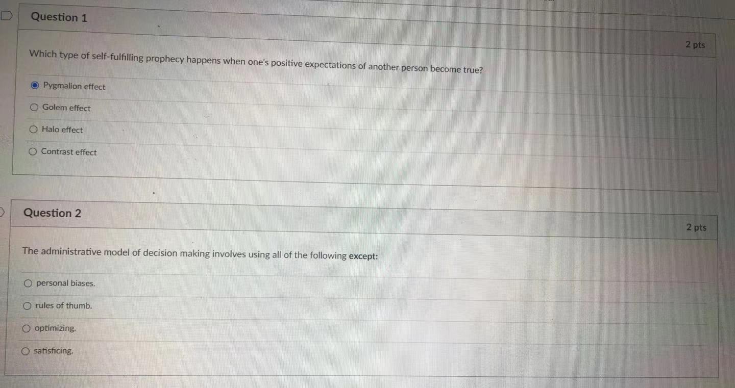 Question 1 2 pts Which type of self-fulfilling