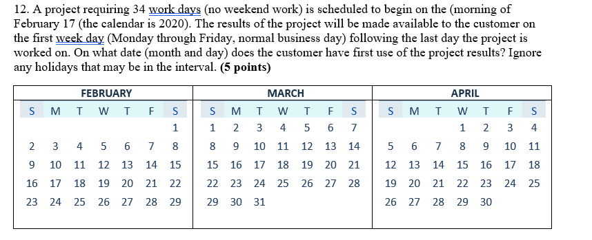 12. A project requiring 34 work days (no weekend