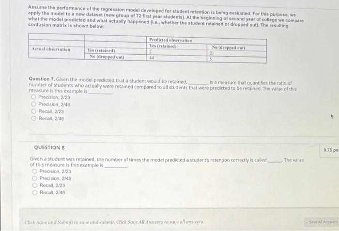 q 7 , q8 Assume the performance of the regression