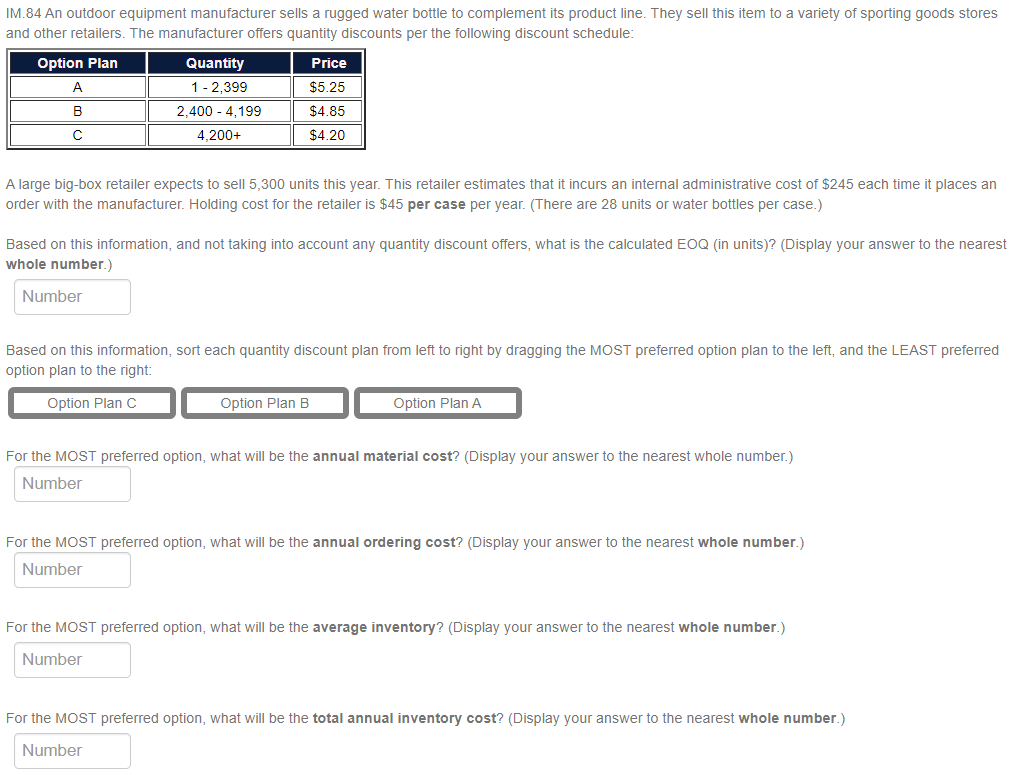 IM.84 An outdoor equipment manufacturer sells a