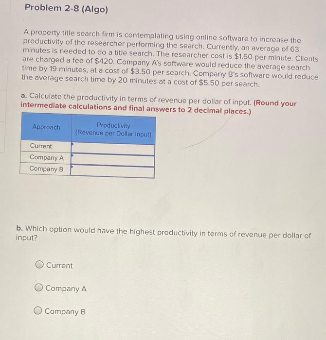 Problem 2-8 (Algo) A property title search firm