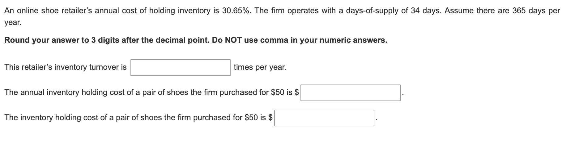 An online shoe retailer's annual cost of holding