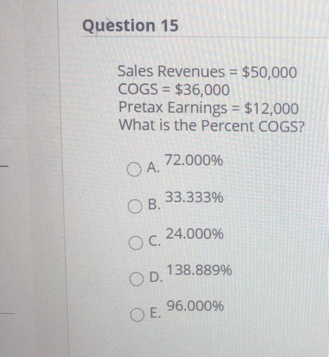 Question 15 Sales Revenues = $50,000 COGS =
