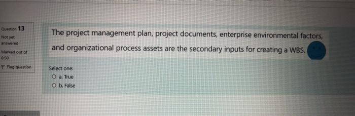 Que 13 Not yet The project management plan,