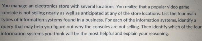 You manage an electronics store with several