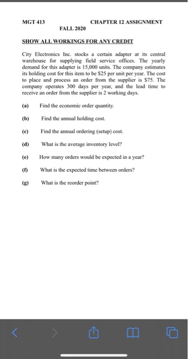 MGT 413 CHAPTER 12 ASSIGNMENT FALL 2020 SHOW ALL