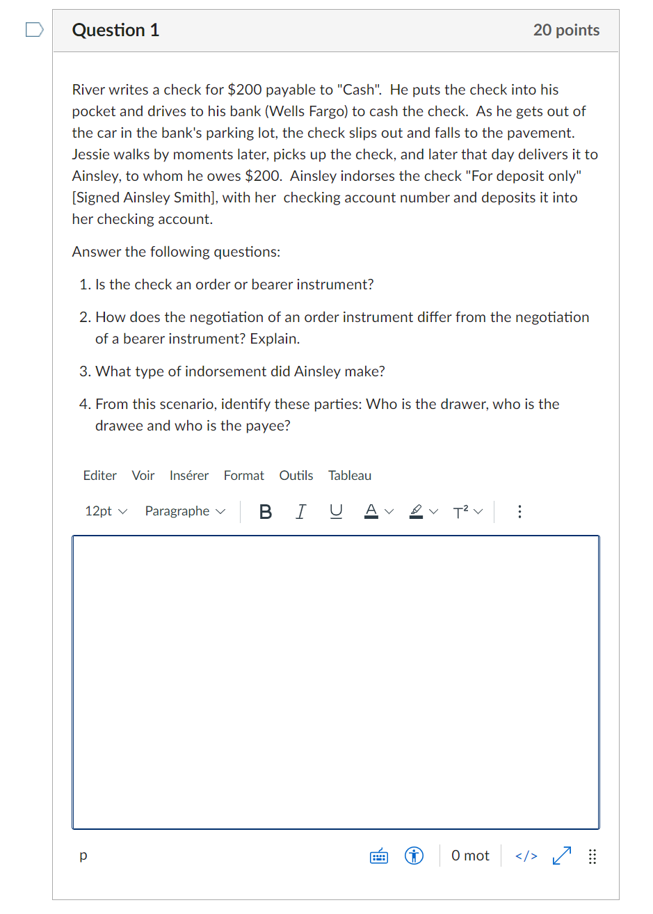 Question 1 20 points River writes a check for