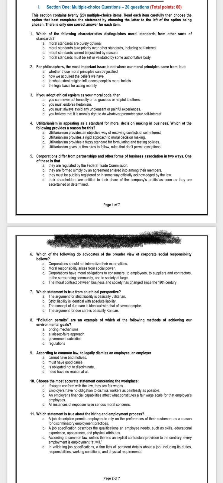I. Section One: Multiple-choice Questions - 20