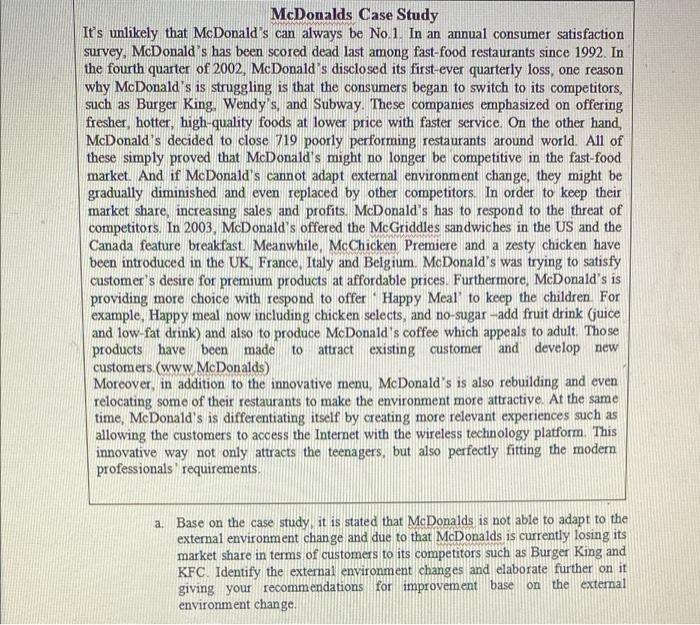 McDonalds Case Study It's unlikely that