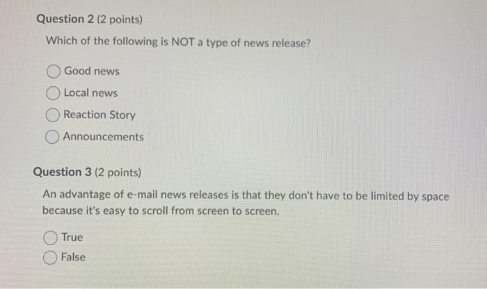 Question 2 (2 points) Which of the following is
