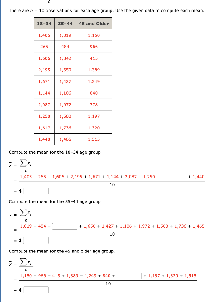 There are n=10 observations for each age group.