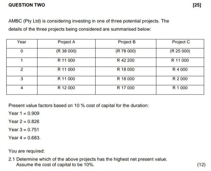 QUESTION TWO [25] AMBC (Pty Ltd) is considering