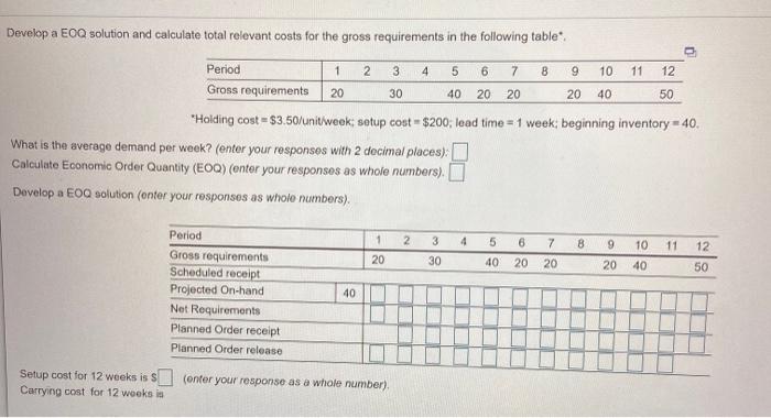 Develop a EOQ solution and calculate total
