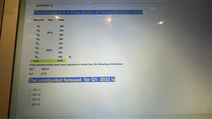 QUESTION 13 The following is a Time Series of Two