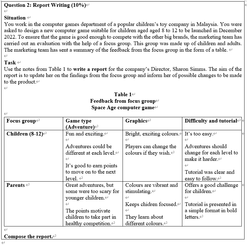 Question 2: Report Writing (10%) Situation You