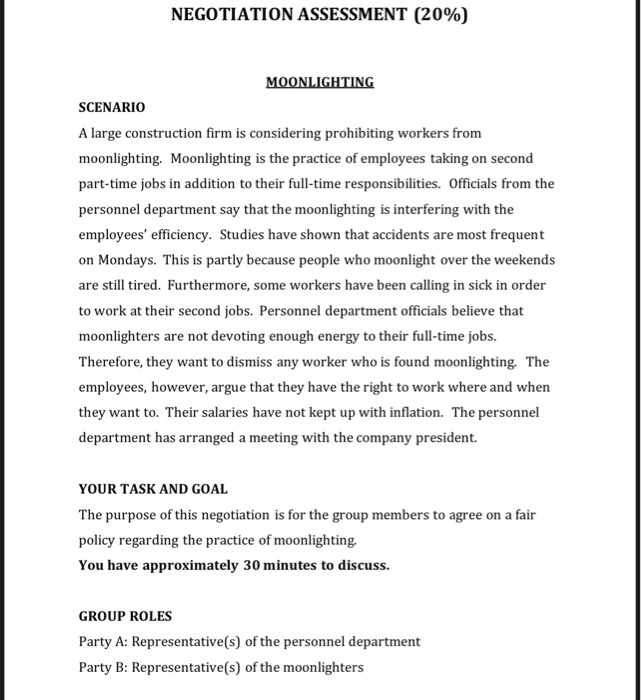 urgent NEGOTIATION ASSESSMENT (20%) MOONLIGHTING