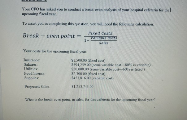 Your CFO has asked you to conduct a break-even