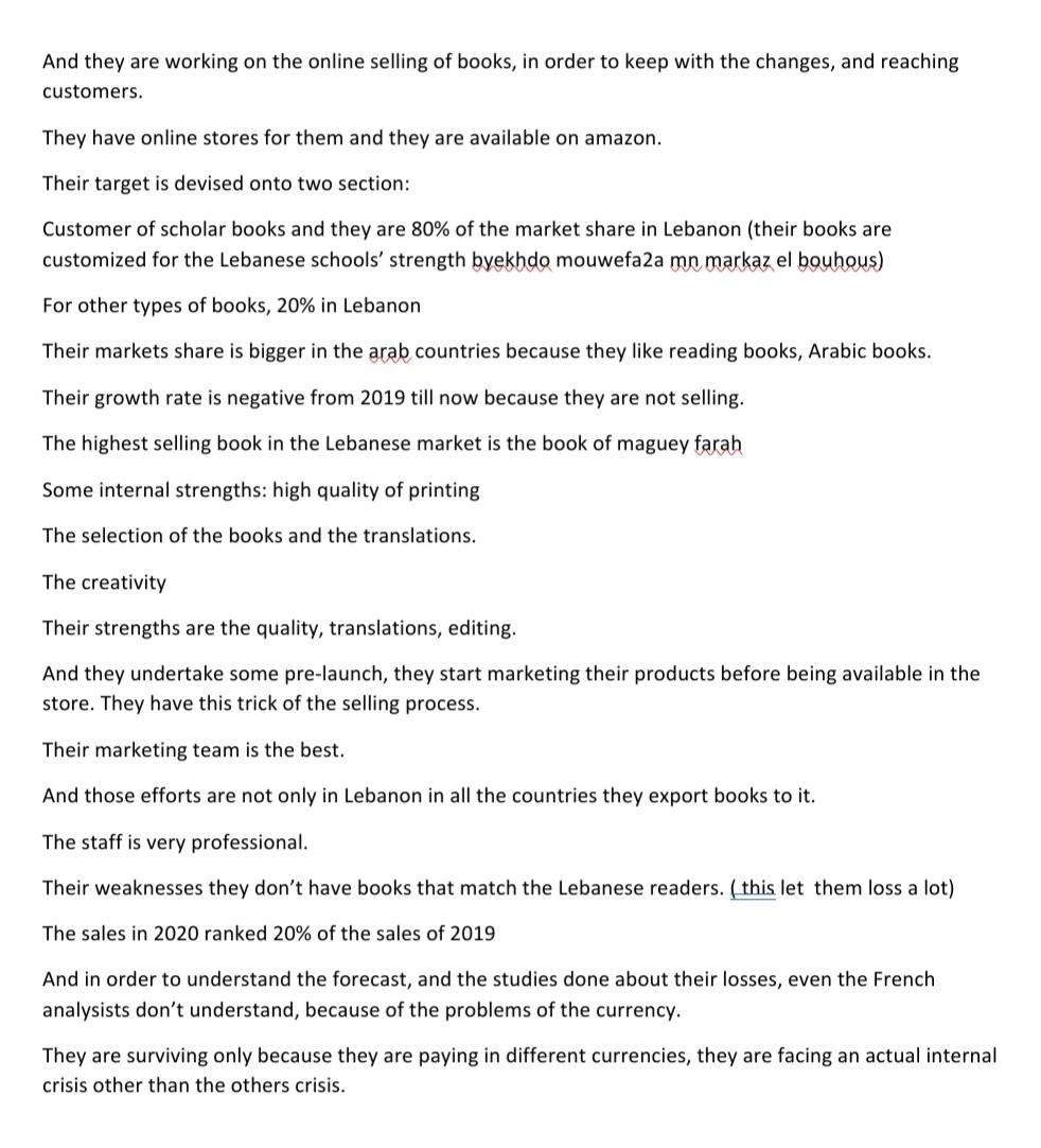 1.Create IFE and EFE matrices for the company. 2.