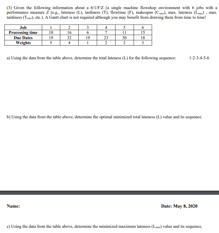 (3) Given the following information about a