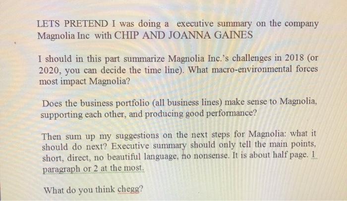 LETS PRETEND I was doing a executive summary on