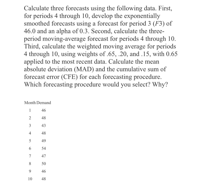 Calculate three forecasts using the following