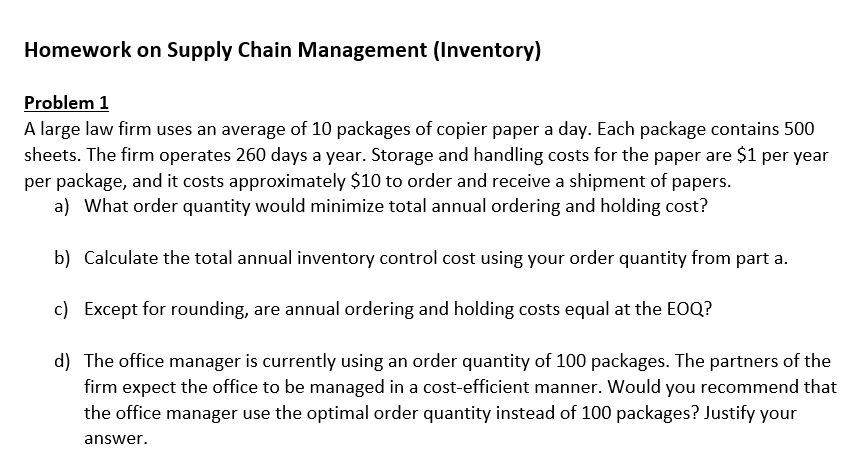 Homework on Supply Chain Management (Inventory)