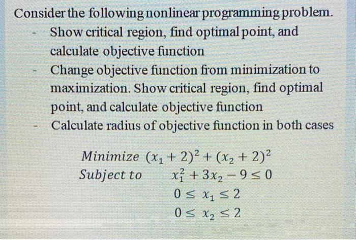 modeling and optimization Consider the following