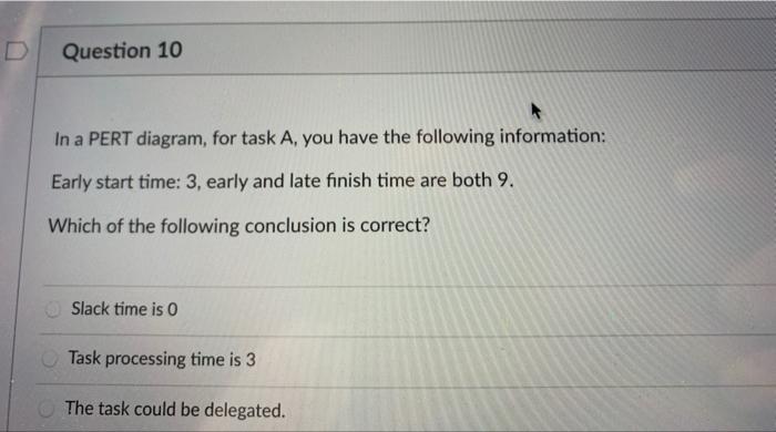 Question 10 In a PERT diagram, for task A, you