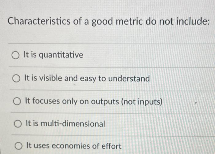 Characteristics of a good metric do not include: