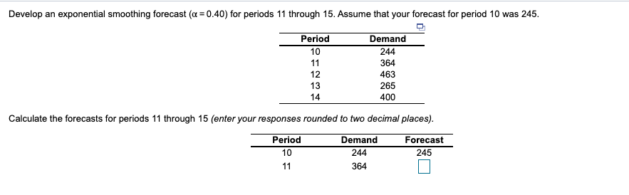 Develop an exponential smoothing forecast (a =