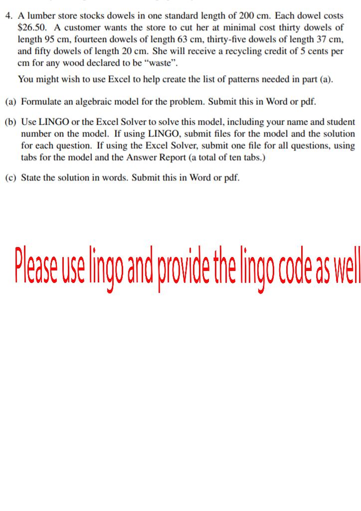 4. A lumber store stocks dowels in one standard