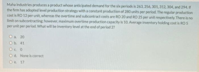 Maha industries produces a product whose