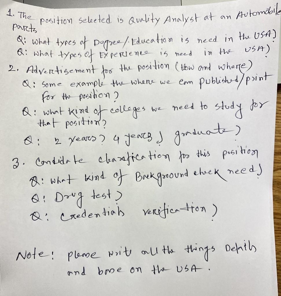 an Automobile parts 5 we need to 1. The position