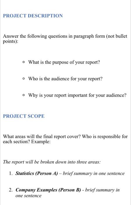 PROJECT DESCRIPTION Answer the following