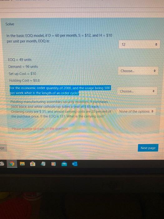 Solve In the basic EOQ model, if D = 60 per