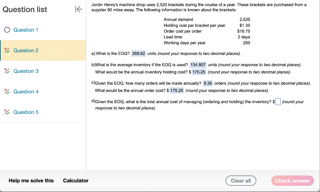 Question list Jordin Henry's machine shop uses