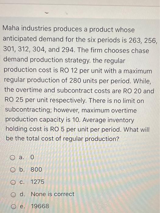 Maha industries produces a product whose