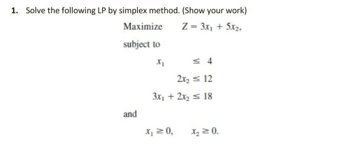 1. Solve the following LP by simplex method.