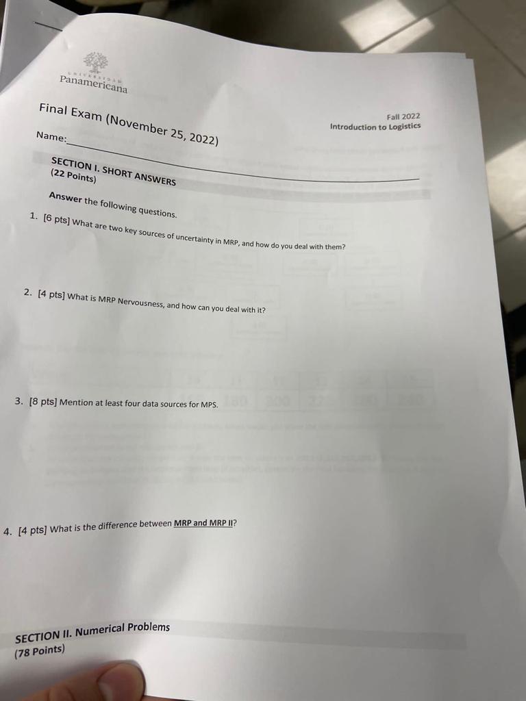 Final Exam (November 25, 2022) Name: SECTION I.