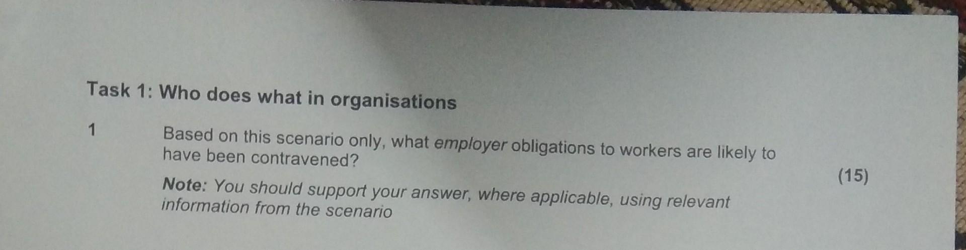 give me detail answer Task 1: Who does what in