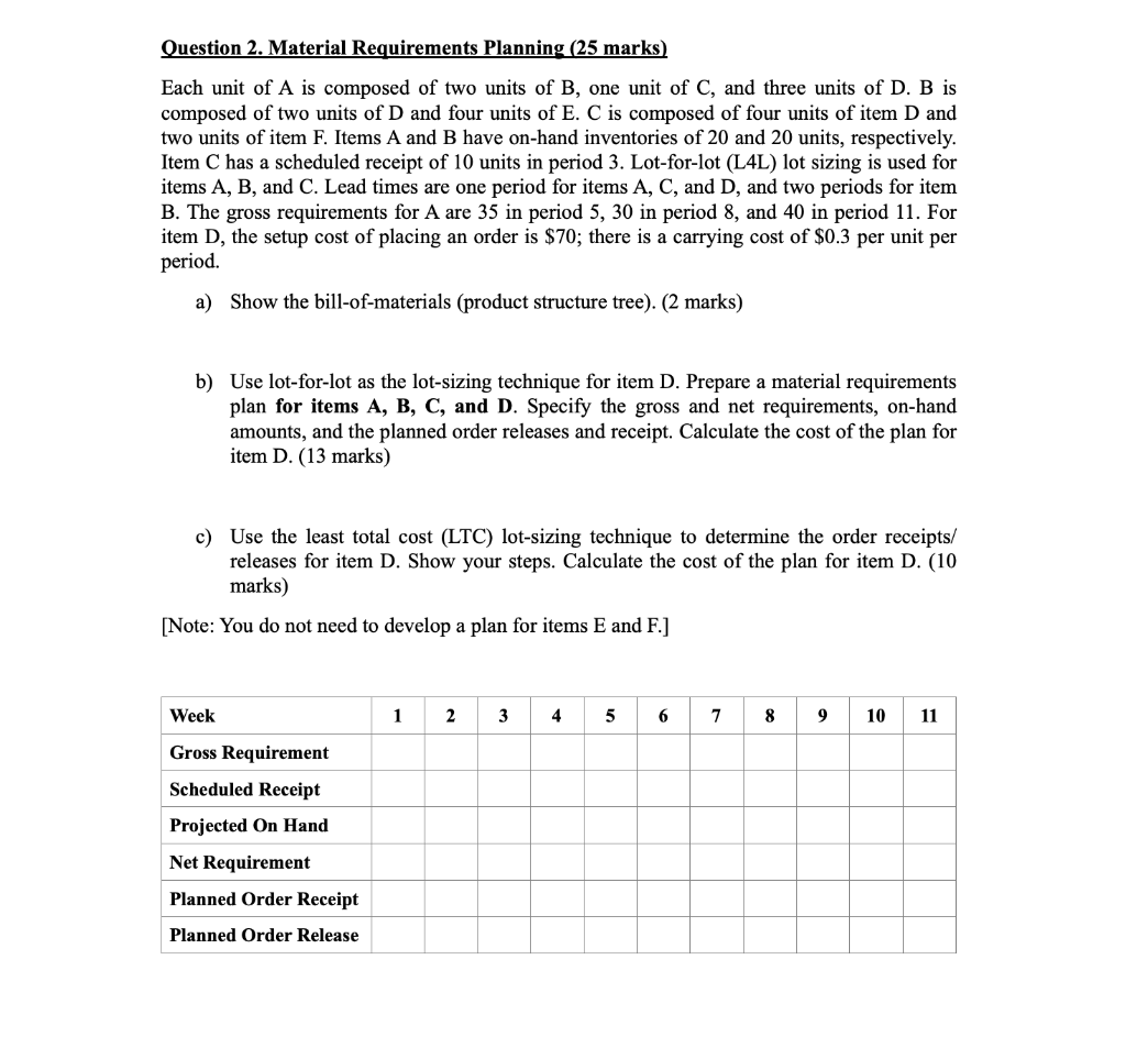 Question 2. Material Requirements Planning (25