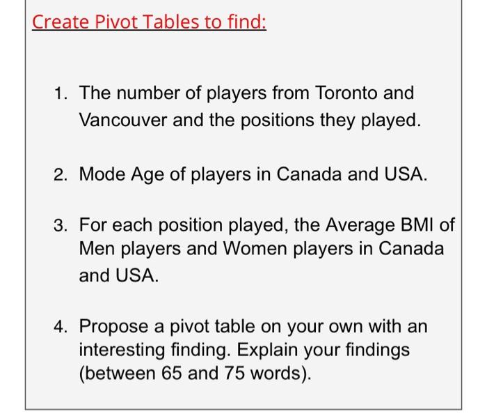 make own data Create Pivot Tables to find 1. The