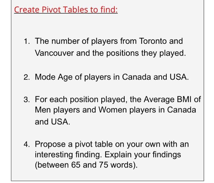 make own data Create Pivot Tables to find 1. The