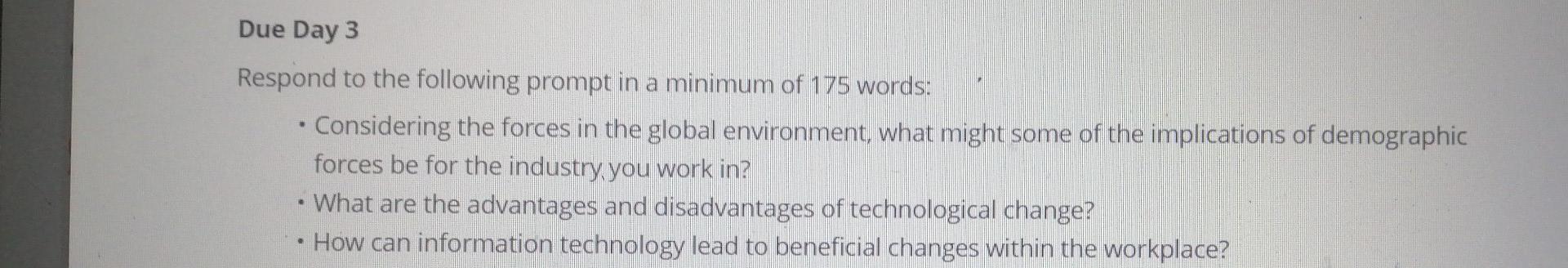 Respond to the following prompt in a minimum of