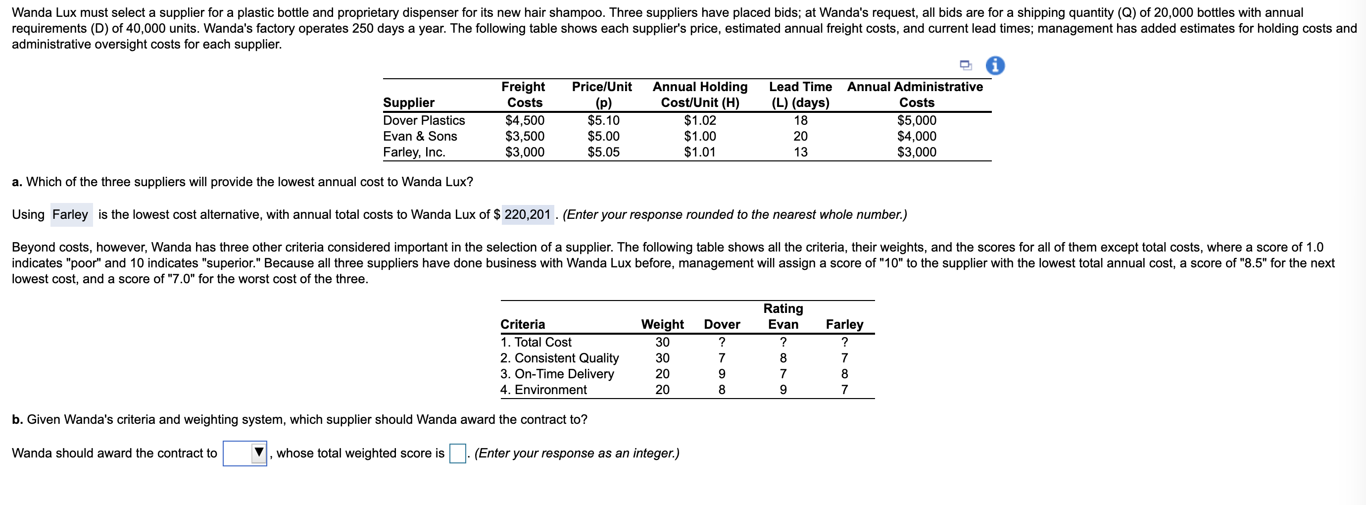 PART B!!!!!! Wanda Lux must select a supplier for