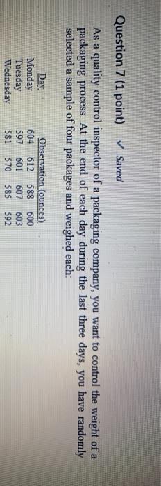 Question 7 (1 point) Saved As a quality control